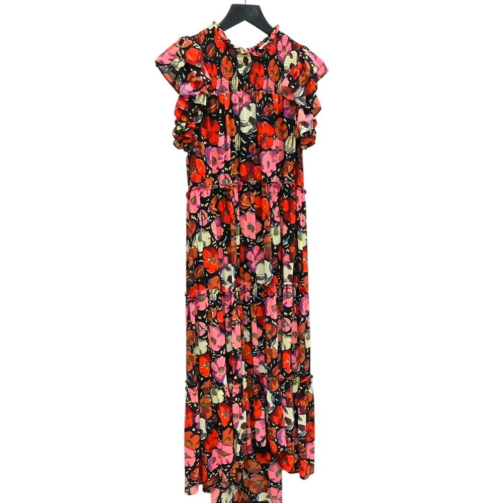 Cinq A Sept Ricki Red Pink Floral Ruffled High Low Maxi Dress Size 6